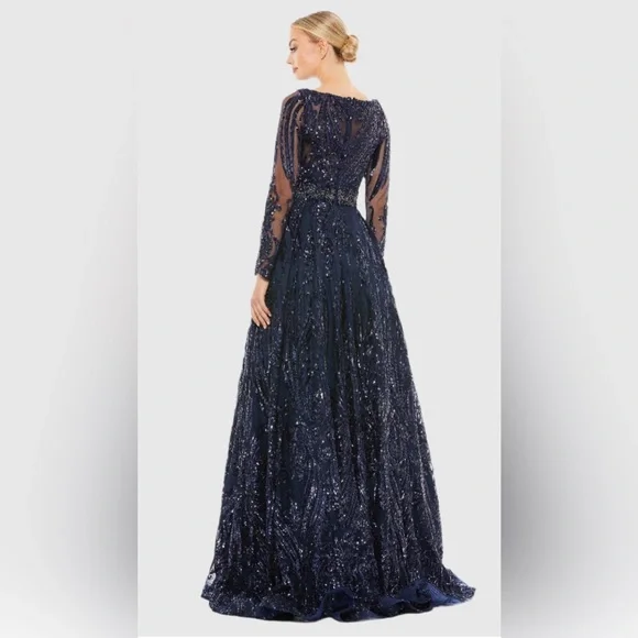 Long Sleeve Embellished Evening Gown Size 8 Color Midnight Blue
